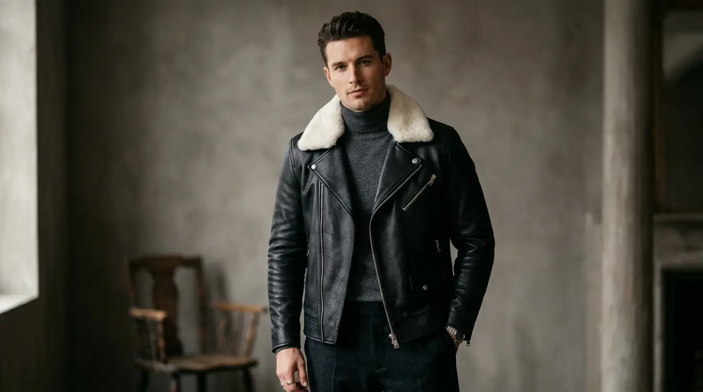 Black leather jacket with white fur collar