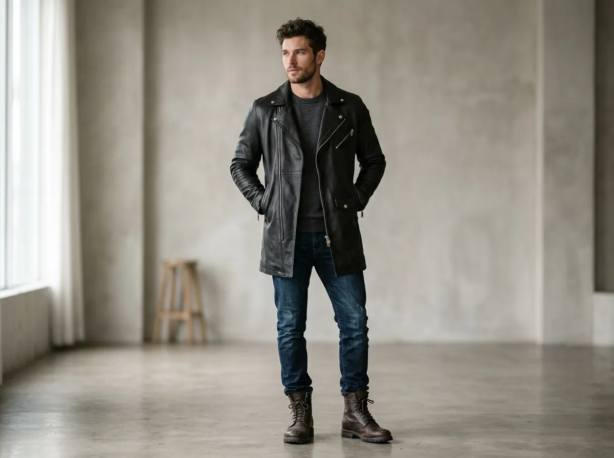 Men's 3/4 length leather jacket at mid-thigh