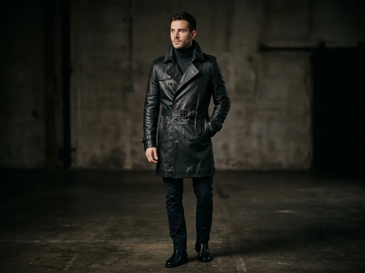 Men's long black leather trench coat, belted