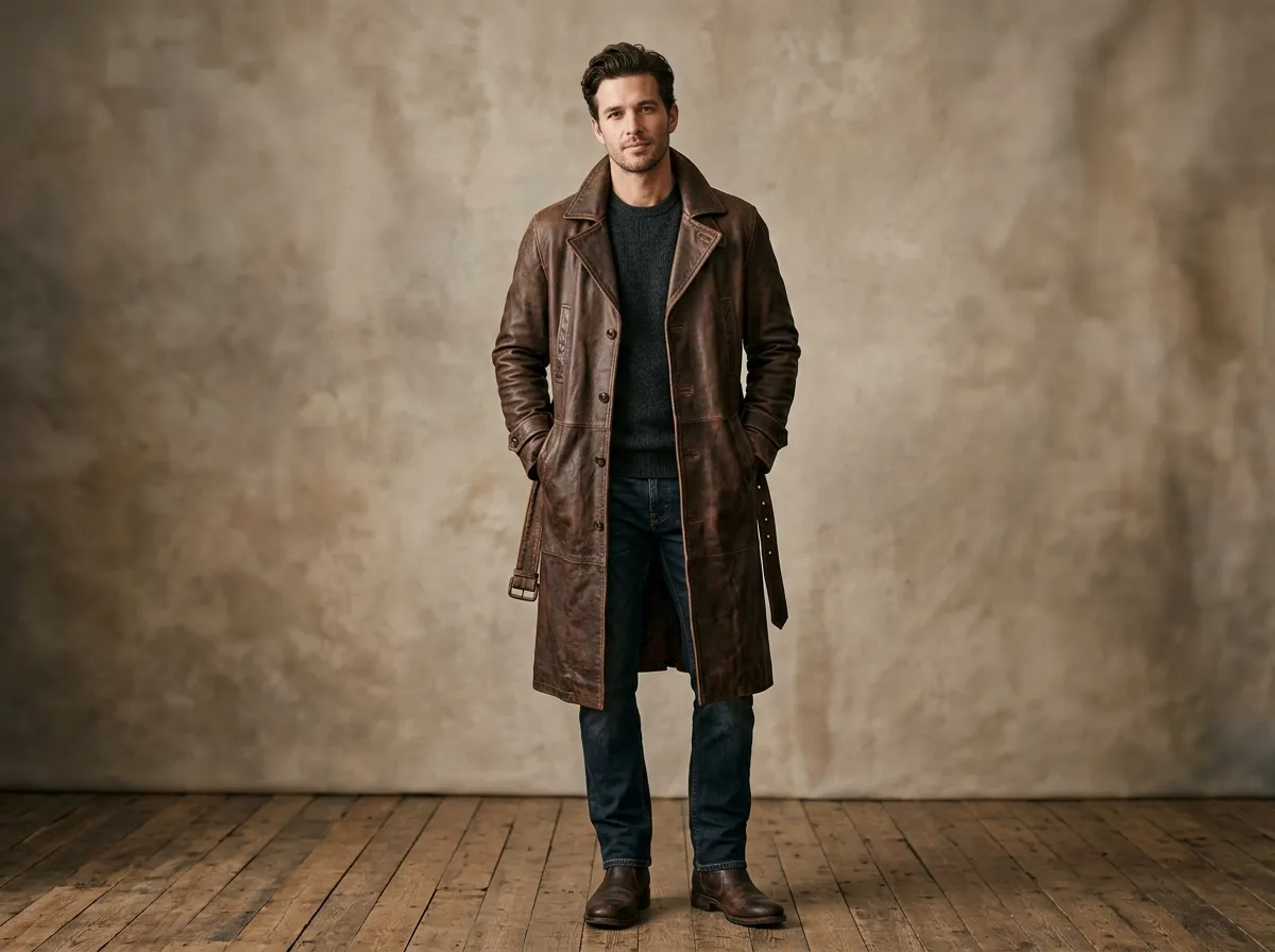 Men's long brown leather coat in a relaxed duster style