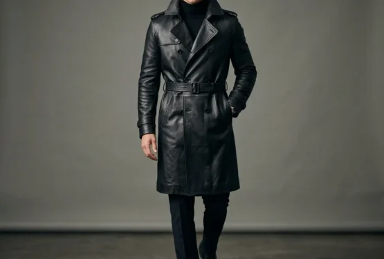Men's full-length black leather coat