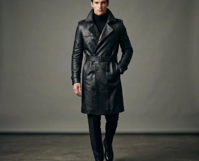 Men's full-length black leather coat