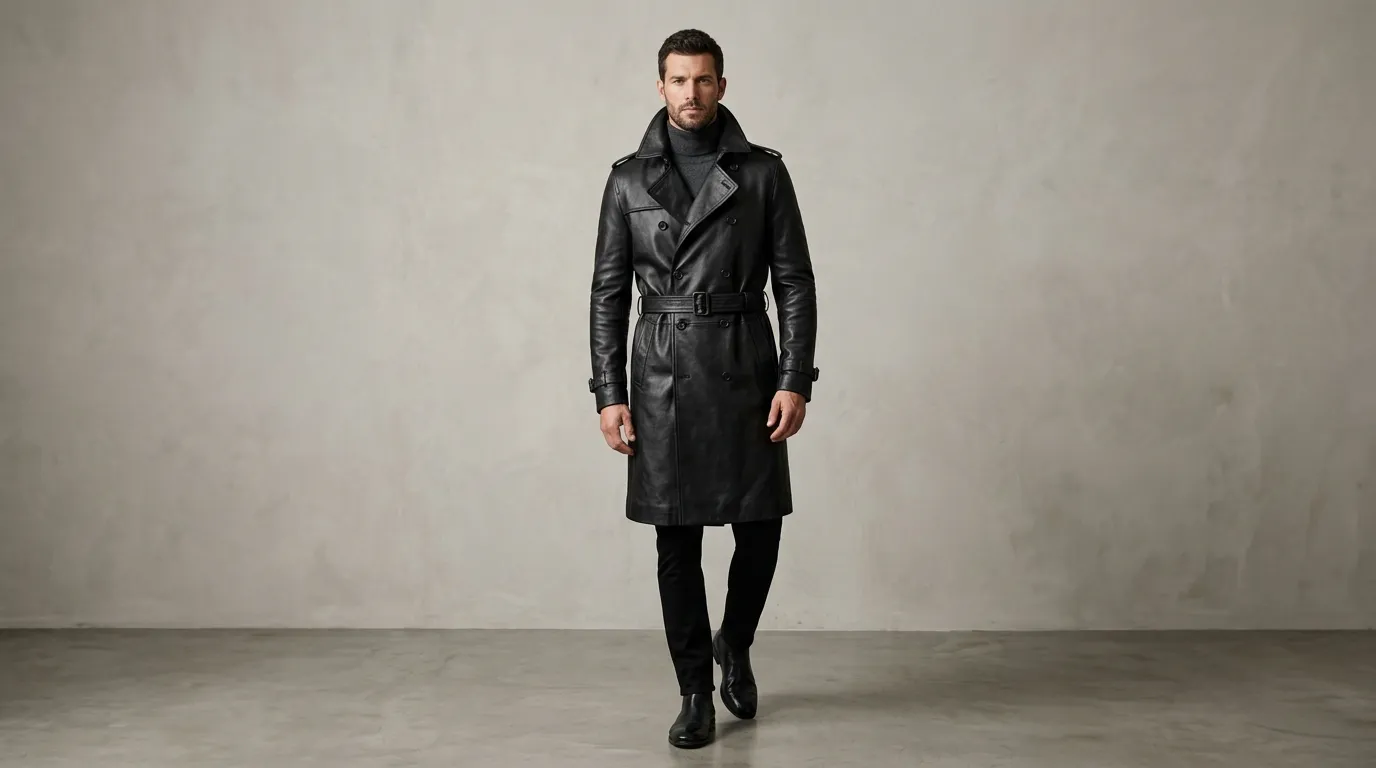 Men's full-length black leather coat