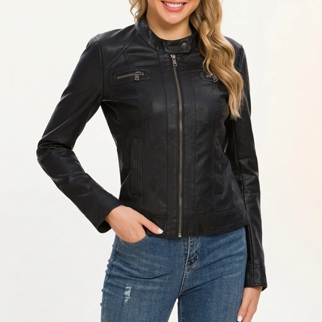 Short black leather jacket for women with snap-tap collar (zip closure)