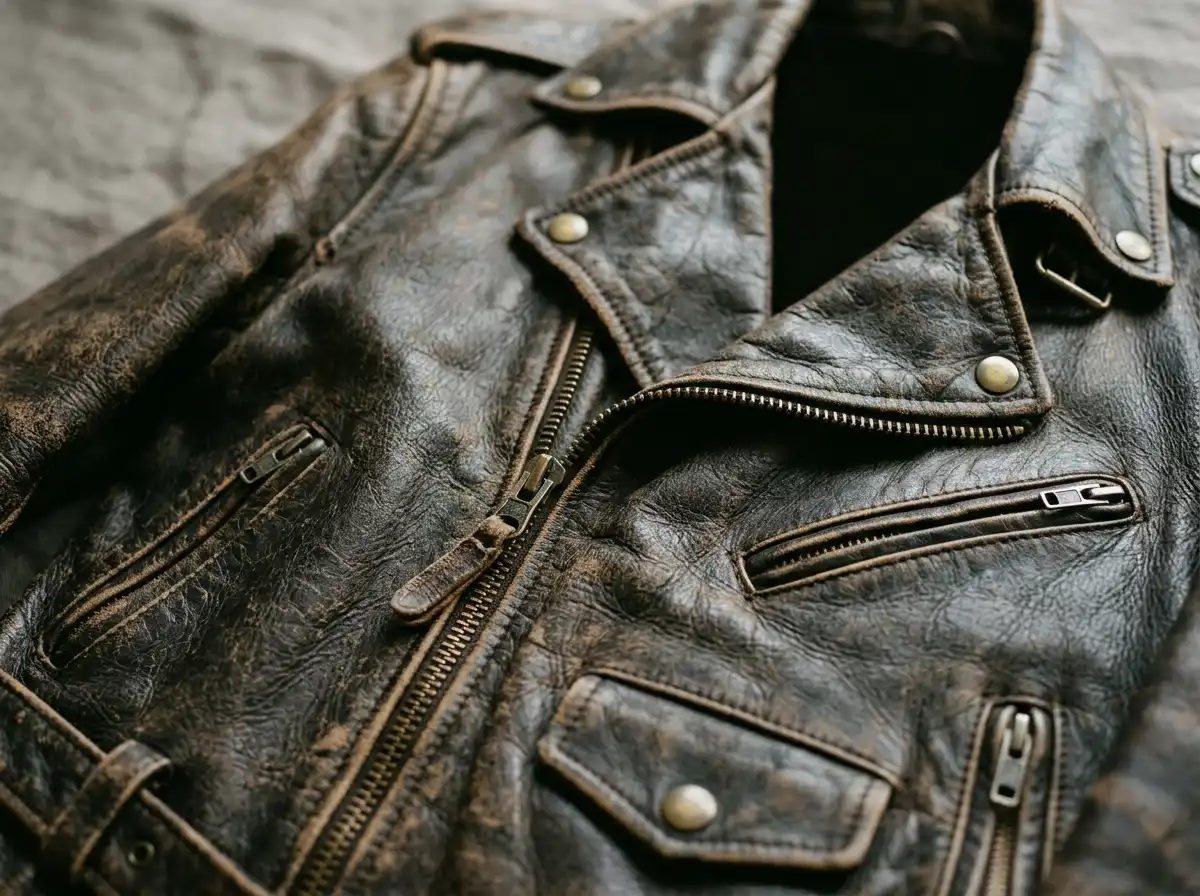Detail of a vintage distressed leather biker jacket