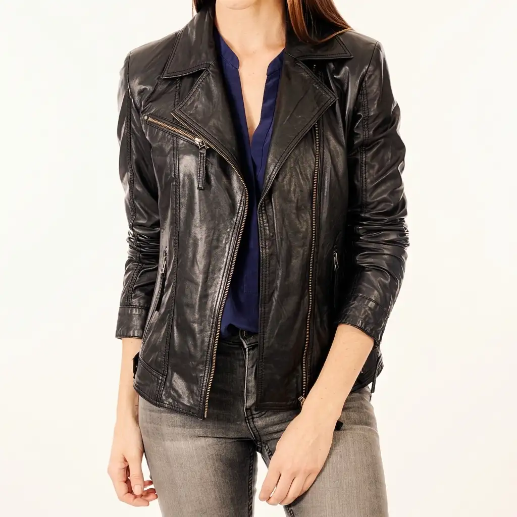 Women's black asymmetric leather biker jacket with adjustable straps