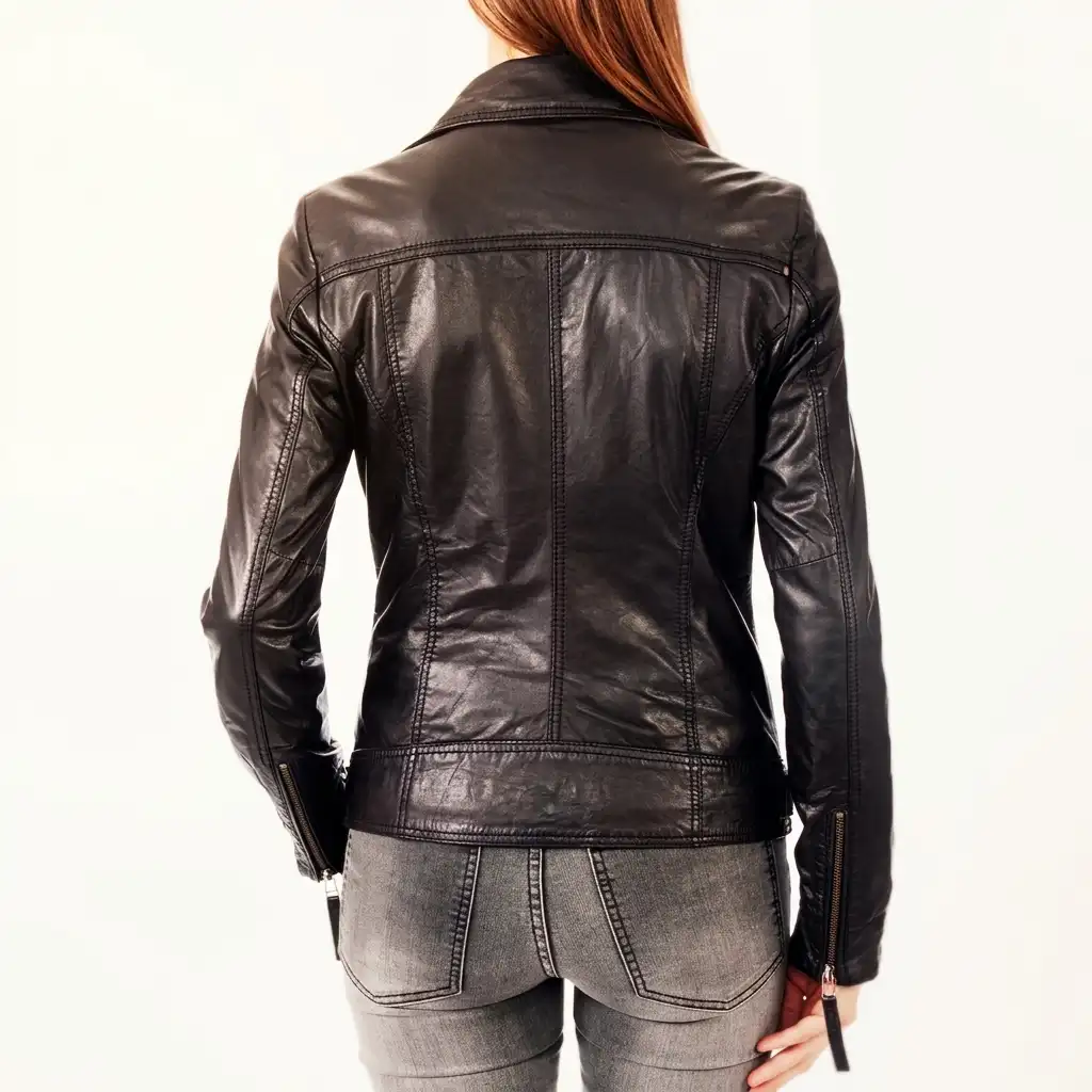 Women's black asymmetric leather biker jacket with adjustable straps Backside