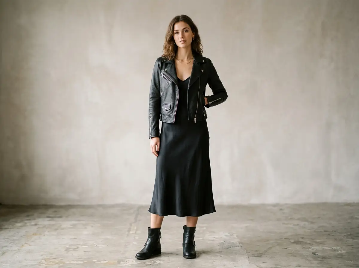 Women's cropped black biker leather jacket over a dress